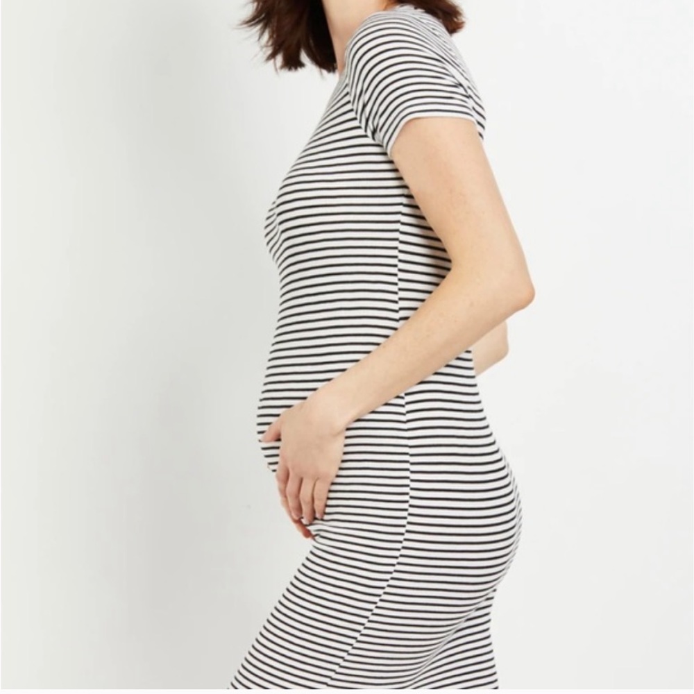 Motherhood Maternity Rib Knit Maternity T-shirt Dress OLIVE & White (Small)